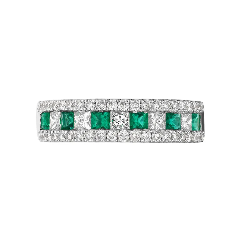 18ct White Gold Emerald Diamond Princess Round Brilliant Cut Half Eternity Ring