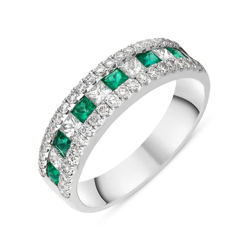 18ct White Gold Emerald Diamond Princess Round Brilliant Cut Half Eternity Ring