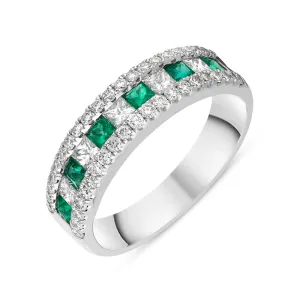 18ct White Gold Emerald Diamond Princess Round Brilliant Cut Half Eternity Ring