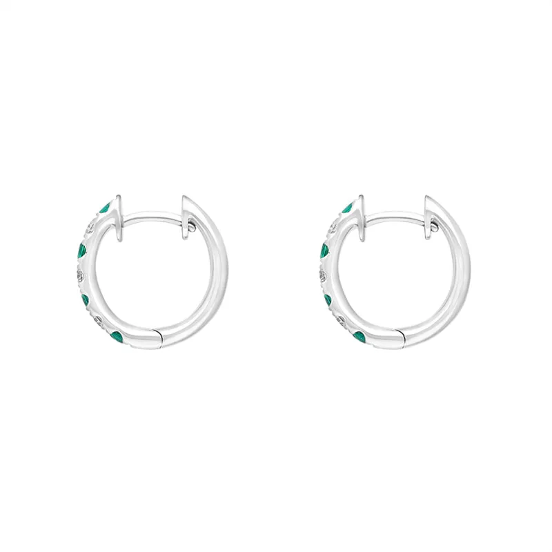 18ct White Gold Emerald Diamond Seven Stone Hoop Earrings