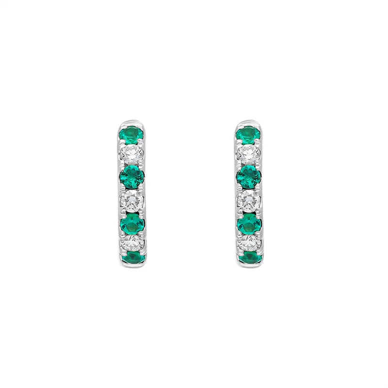 18ct White Gold Emerald Diamond Seven Stone Hoop Earrings