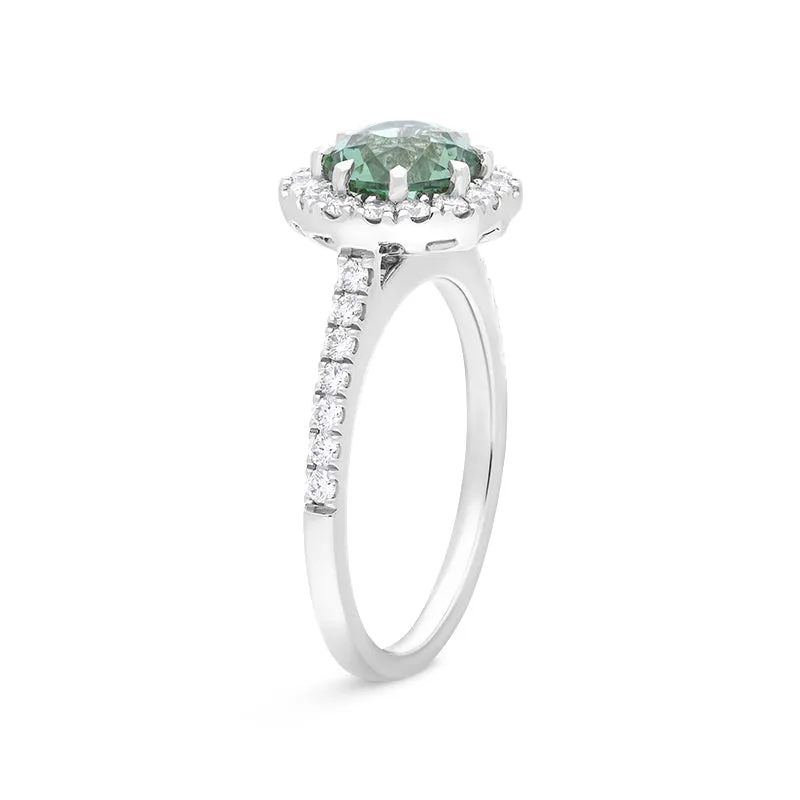 18ct White Gold Green Tourmaline Diamond Shoulder Set Octagon Cluster Ring