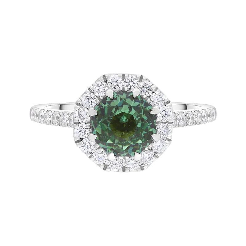 18ct White Gold Green Tourmaline Diamond Shoulder Set Octagon Cluster Ring