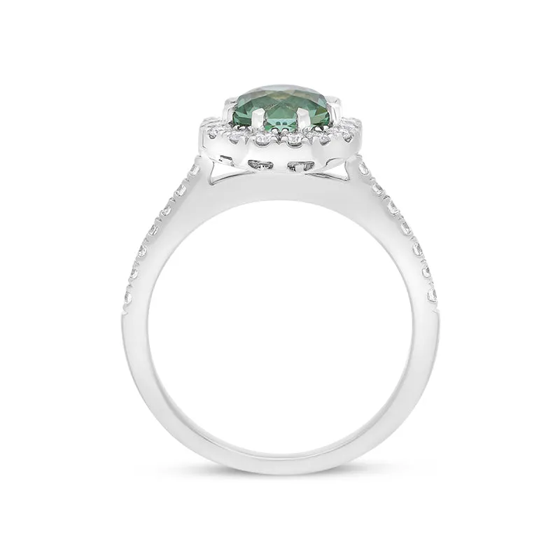 18ct White Gold Green Tourmaline Diamond Shoulder Set Octagon Cluster Ring