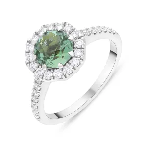18ct White Gold Green Tourmaline Diamond Shoulder Set Octagon Cluster Ring