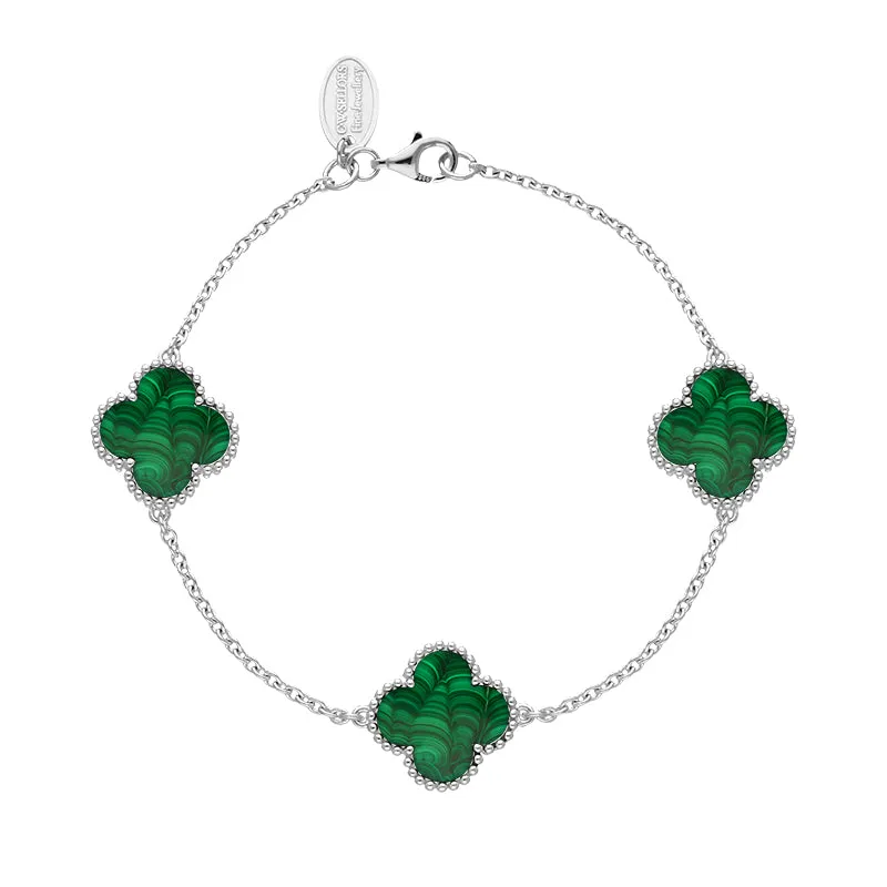 18ct White Gold Malachite Bloom Four Leaf Clover Ball Edge Chain Bracelet