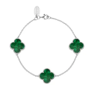 18ct White Gold Malachite Bloom Four Leaf Clover Ball Edge Chain Bracelet