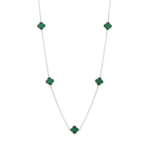 18ct White Gold Malachite Bloom Four Leaf Clover Ball Edge Necklace