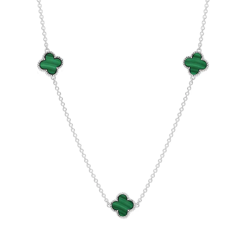 18ct White Gold Malachite Bloom Four Leaf Clover Ball Edge Necklace