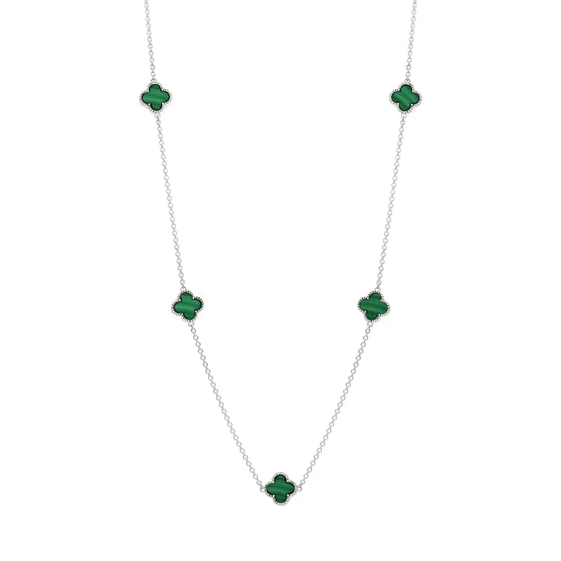 18ct White Gold Malachite Bloom Four Leaf Clover Ball Edge Necklace