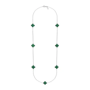 18ct White Gold Malachite Bloom Four Leaf Clover Long Necklace