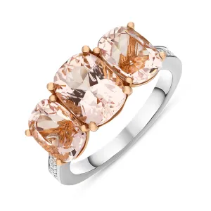 18ct White Gold Morganite Diamond Oval Cut Shoulder Set Three Stone Ring