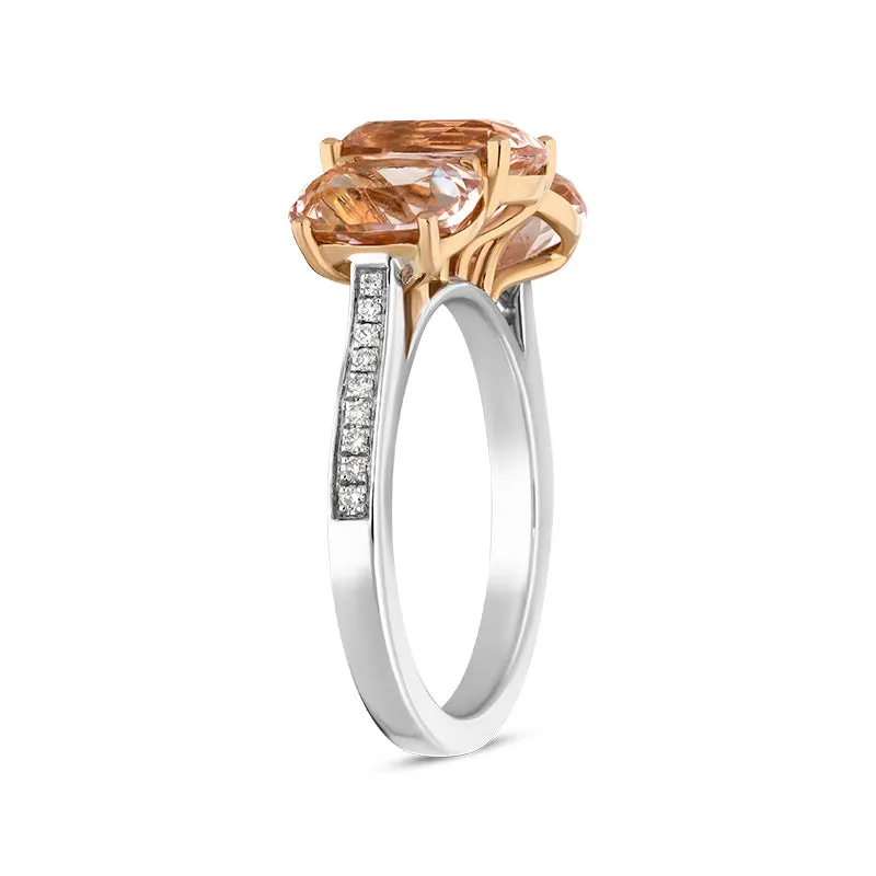 18ct White Gold Morganite Diamond Oval Cut Shoulder Set Three Stone Ring