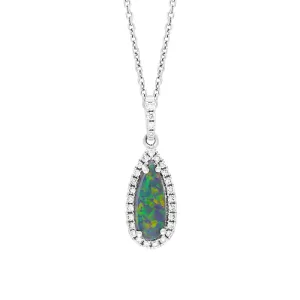 18ct White Gold Opal Diamond Pear Cluster Pendant