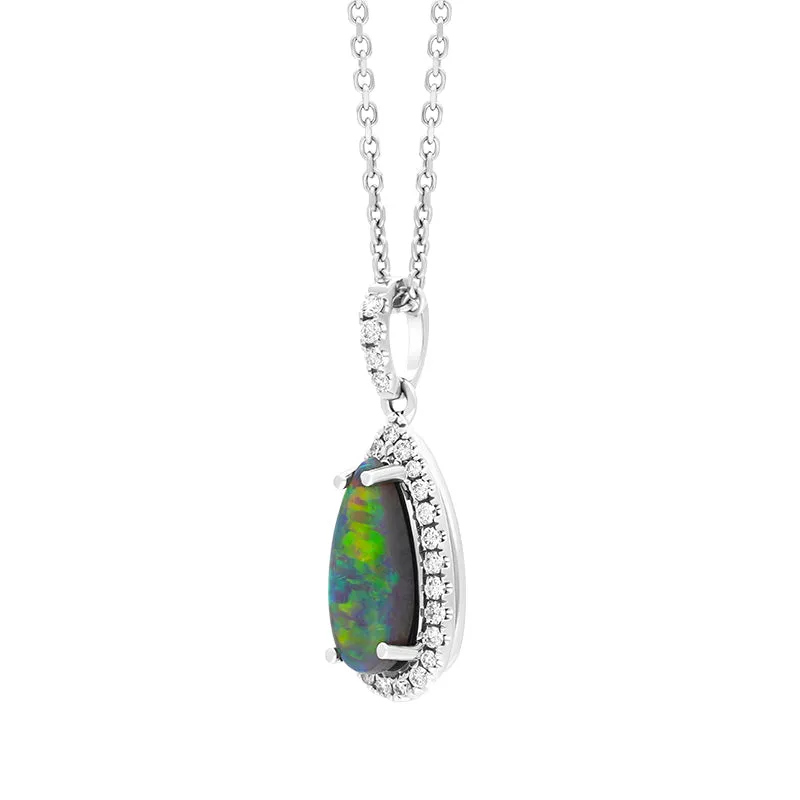 18ct White Gold Opal Diamond Pear Cluster Pendant