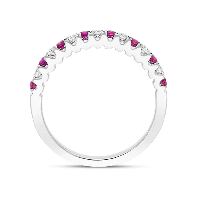 18ct White Gold Ruby Diamond Castle Set Half Eternity Ring