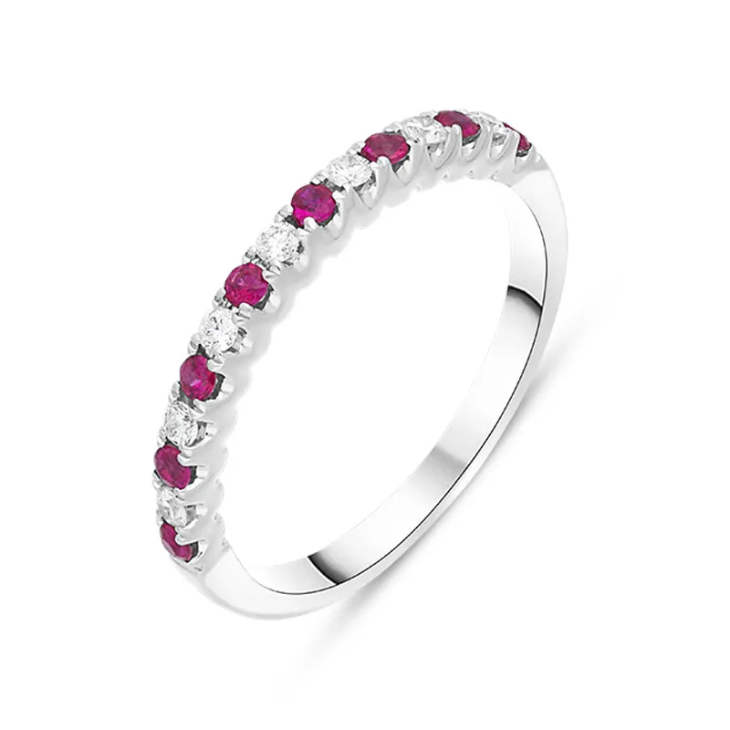 18ct White Gold Ruby Diamond Castle Set Half Eternity Ring