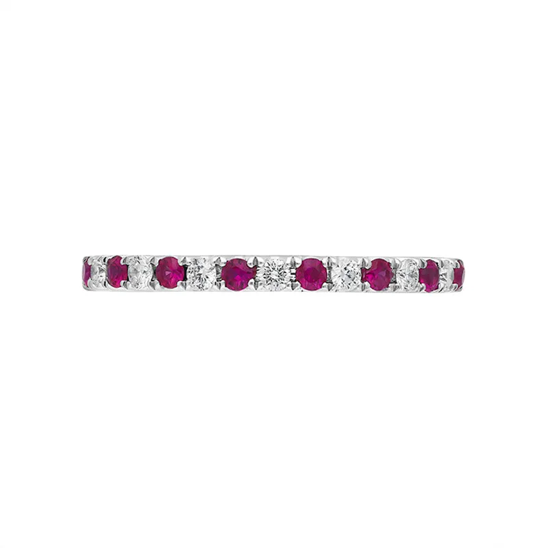 18ct White Gold Ruby Diamond Castle Set Half Eternity Ring
