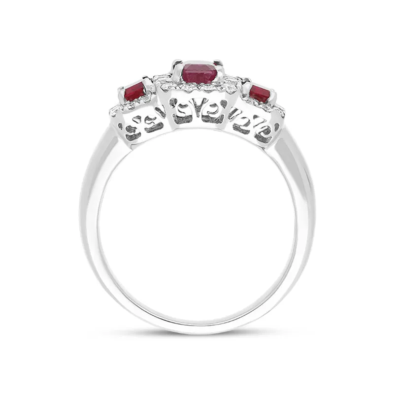18ct White Gold Ruby Diamond Claw Set Triple Cluster Ring