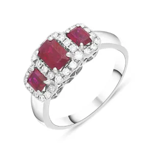 18ct White Gold Ruby Diamond Claw Set Triple Cluster Ring