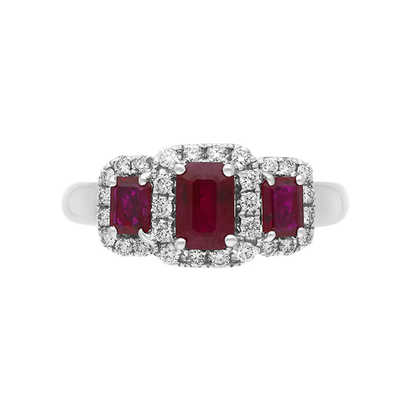 18ct White Gold Ruby Diamond Claw Set Triple Cluster Ring