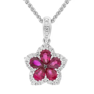 18ct White Gold Ruby Diamond Cluster Pear Cut Flower Pendant