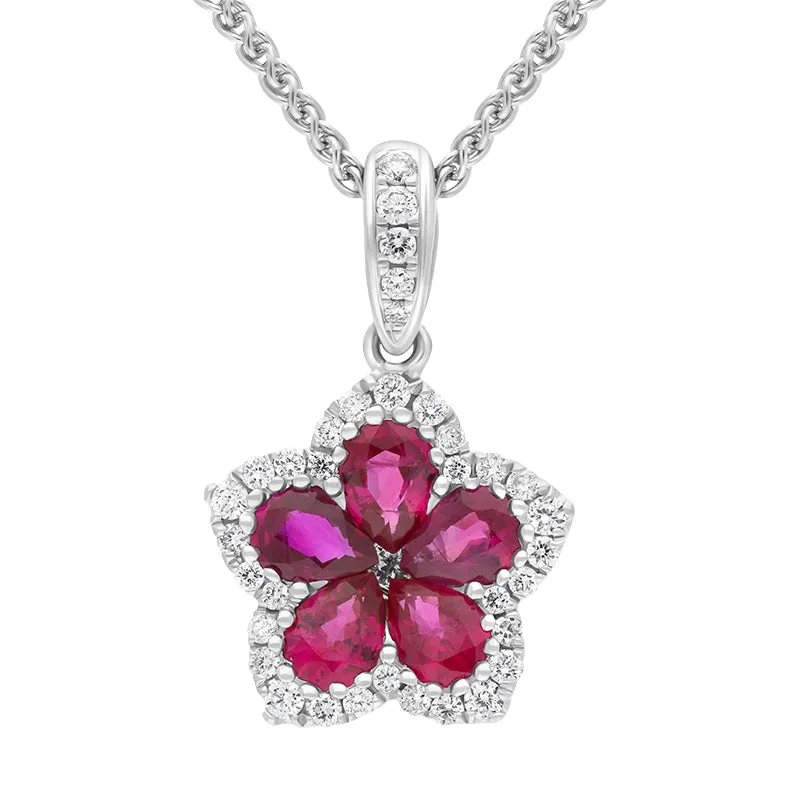 18ct White Gold Ruby Diamond Cluster Pear Cut Flower Pendant