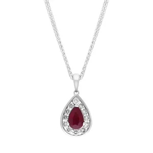 18ct White Gold Ruby Diamond Cluster Pear Pendant