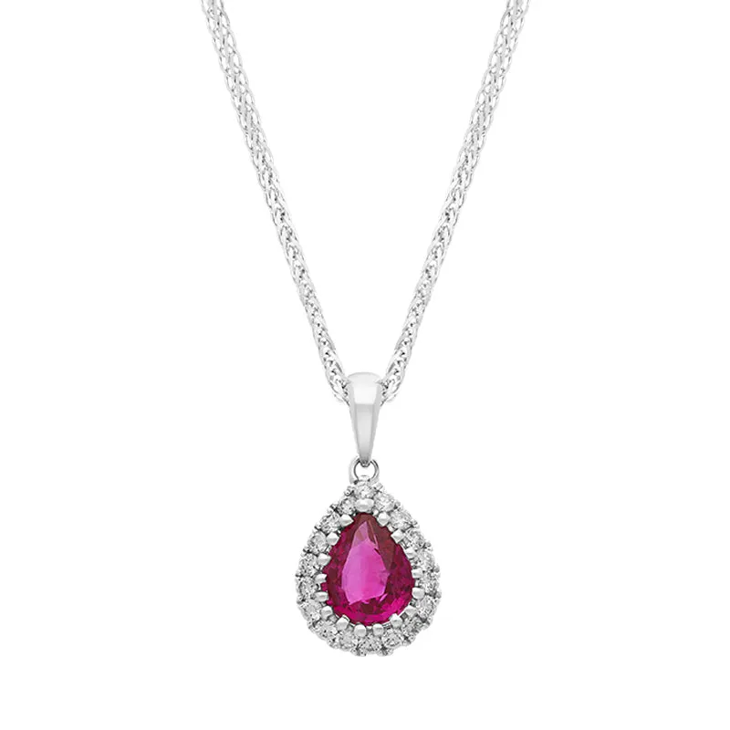 18ct White Gold Ruby Diamond Cluster Pear Pendant