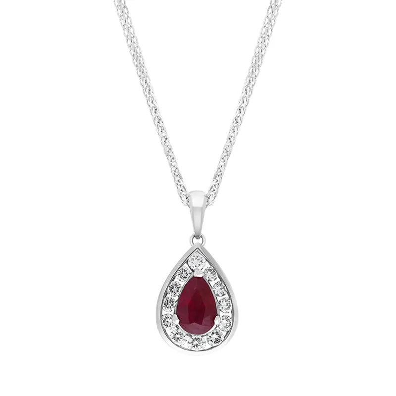 18ct White Gold Ruby Diamond Cluster Pear Pendant