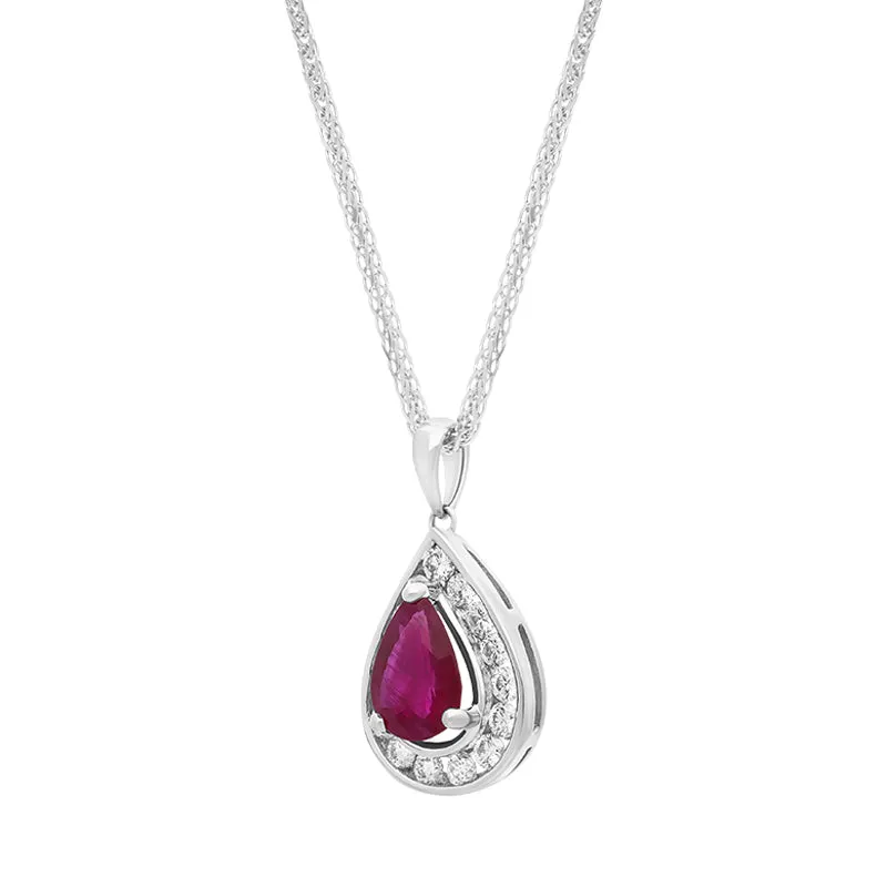 18ct White Gold Ruby Diamond Cluster Pear Pendant