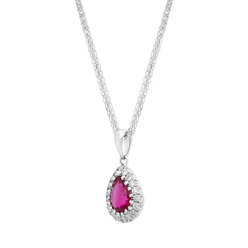 18ct White Gold Ruby Diamond Cluster Pear Pendant