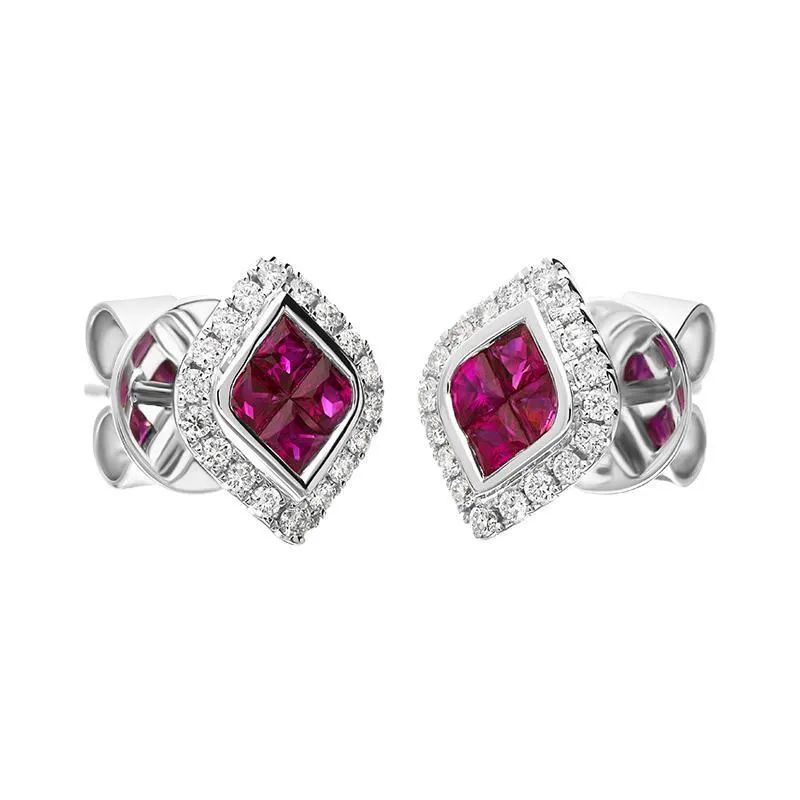 18ct White Gold Ruby Diamond Marquise Cluster Stud Earrings