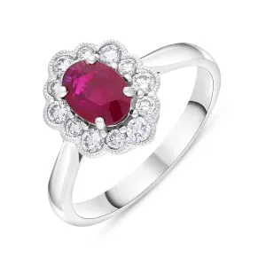 18ct White Gold Ruby Diamond Oval Cut Cluster Ring