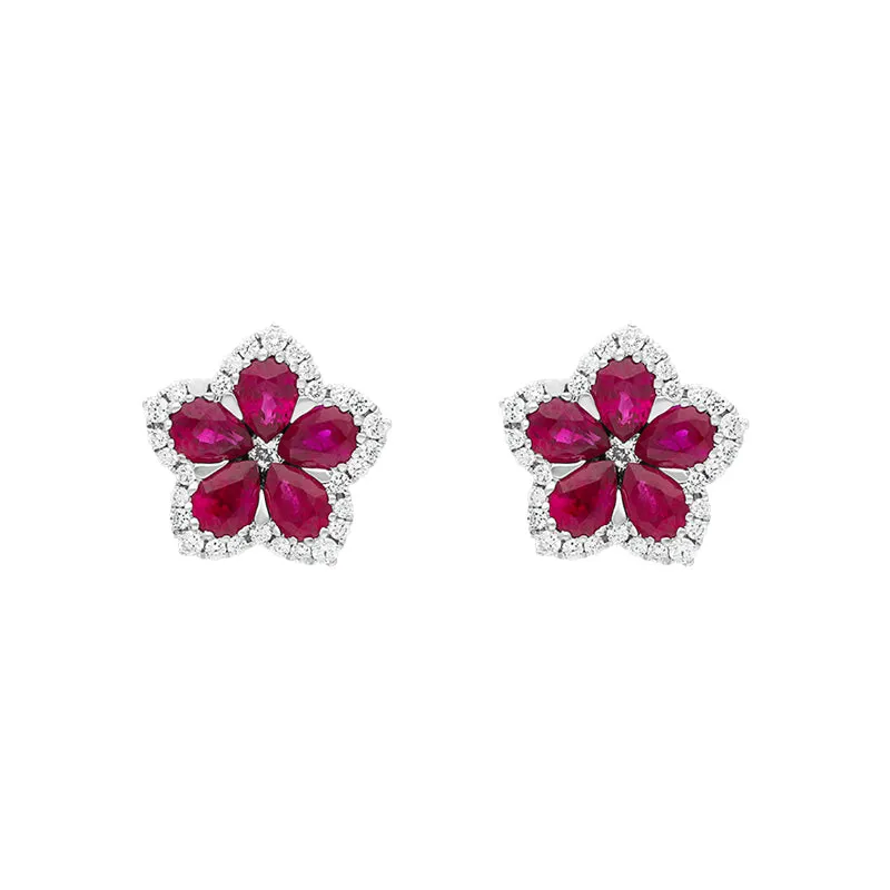 18ct White Gold Ruby Diamond Pear Cluster Flower Stud Earrings