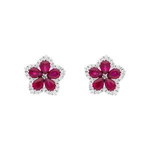 18ct White Gold Ruby Diamond Pear Cluster Flower Stud Earrings