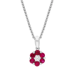 18ct White Gold Ruby Diamond Round Cluster Pendant