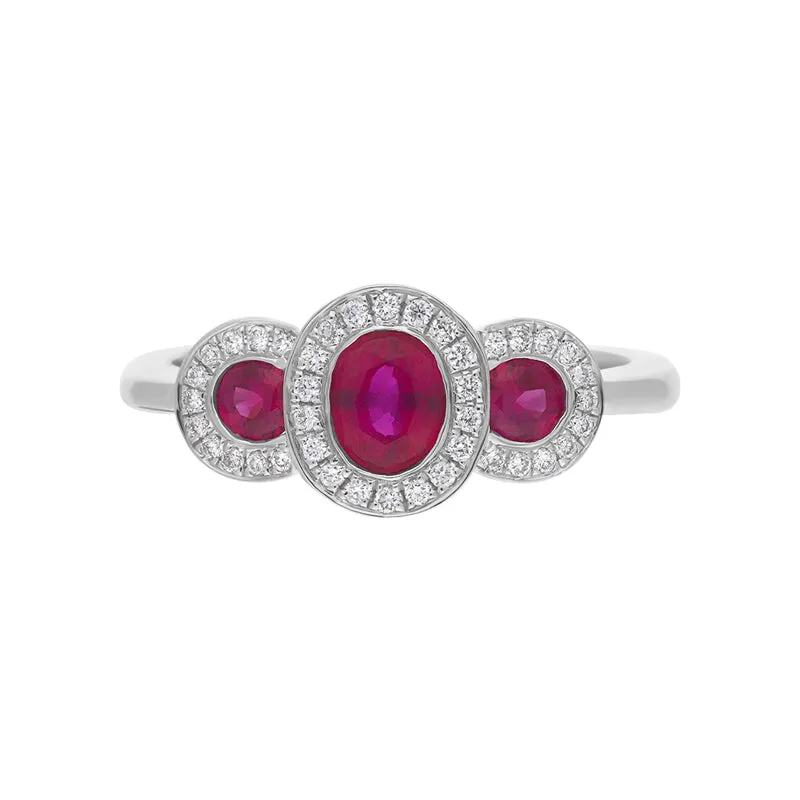 18ct White Gold Ruby Diamond Triple Pave Cluster Ring