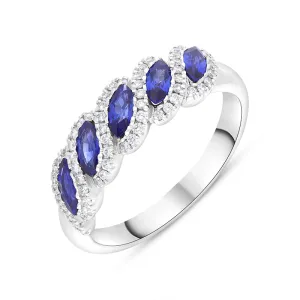18ct White Gold Sapphire Diamond Cluster Marquise Cut Half Eternity Ring