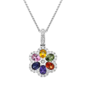 18ct White Gold Sapphire Diamond Cluster Multicolour Flower Pendant