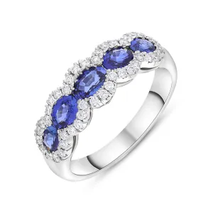 18ct White Gold Sapphire Diamond Cluster Oval Cut Eternity Ring
