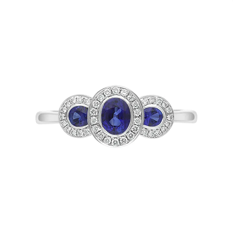 18ct White Gold Sapphire Diamond Pave Triple Cluster Ring