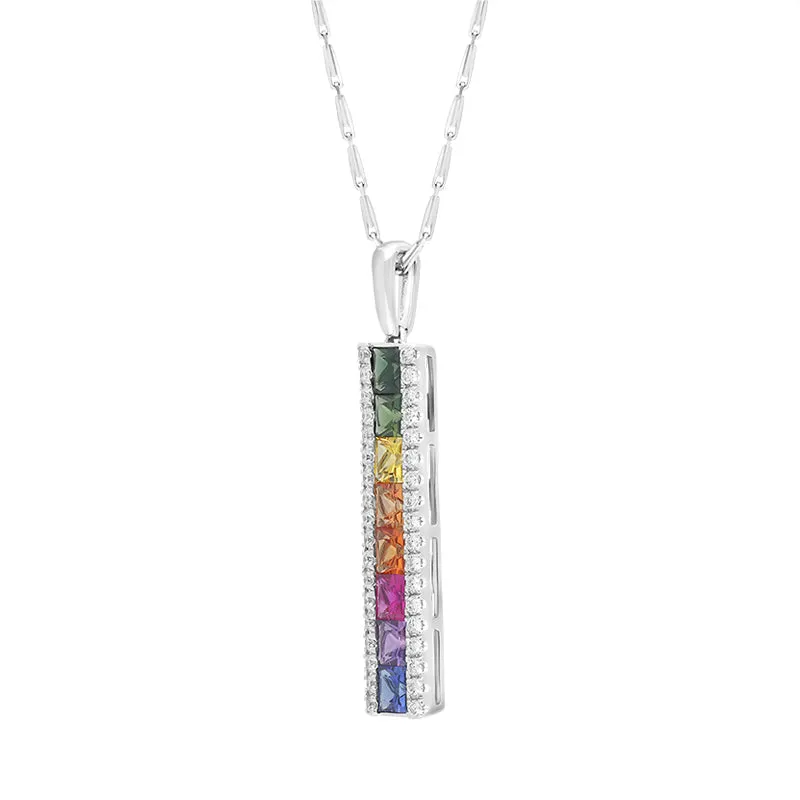 18ct White Gold Sapphire Diamond Princess Cut Multicoloured Bar Pendant