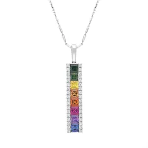 18ct White Gold Sapphire Diamond Princess Cut Multicoloured Bar Pendant