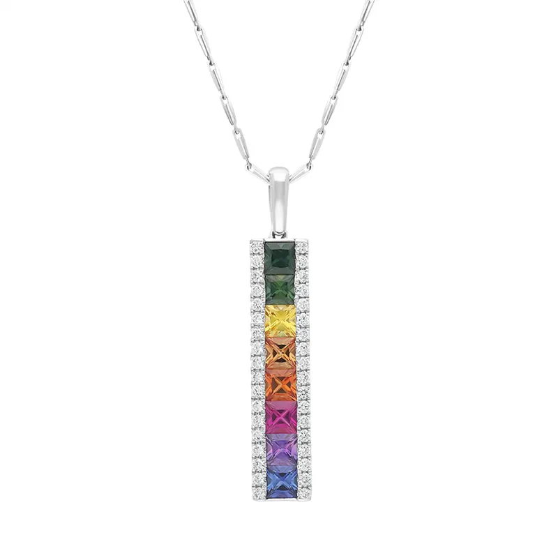 18ct White Gold Sapphire Diamond Princess Cut Multicoloured Bar Pendant