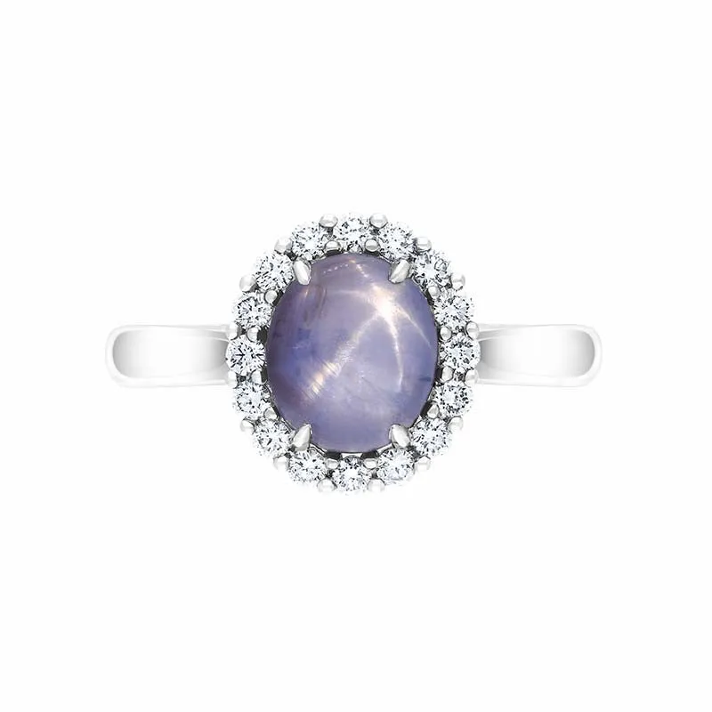 18ct White Gold Star Sapphire Diamond Oval Cluster Ring