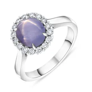 18ct White Gold Star Sapphire Diamond Oval Cluster Ring