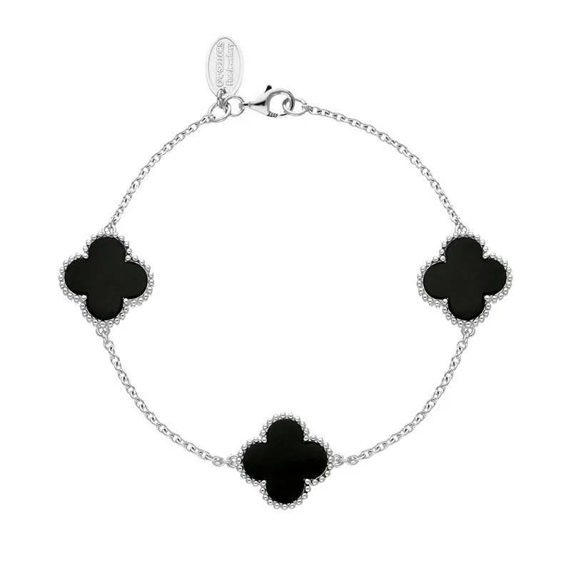 18ct White Gold Whitby Jet Bloom Four Leaf Clover Ball Edge Chain Bracelet