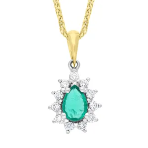 18ct Yellow and White Gold Emerald Diamond Cluster Pear Cut Pendant