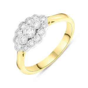 18ct Yellow Gold 0.50ct Diamond Millgrain Vintage Style Cluster Ring